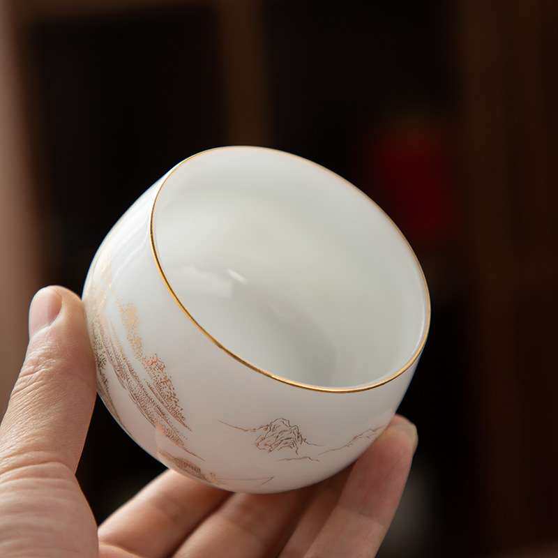 德化陶瓷【茶杯】山水150ml/片金烤花/主人杯品茗杯/个人专用大号