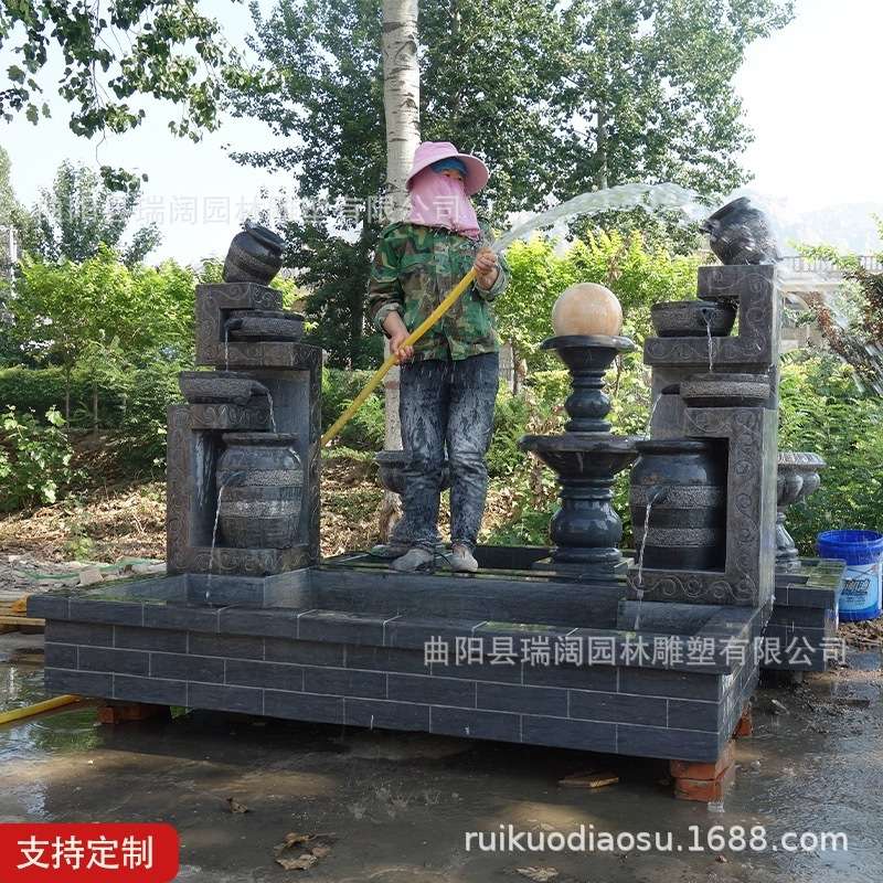 石雕青石流水摆件晚霞红喷水鱼池室内外庭院园林别墅喷泉景观流水