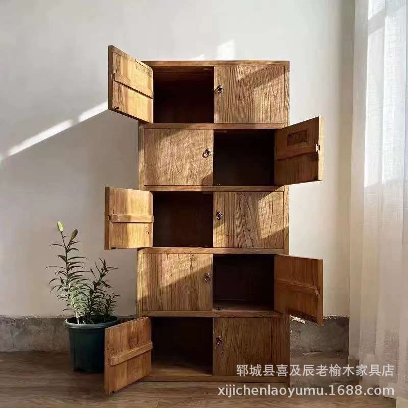 新中式老榆木餐边柜全实木储物收纳柜家用客厅柜风化木老门板边柜