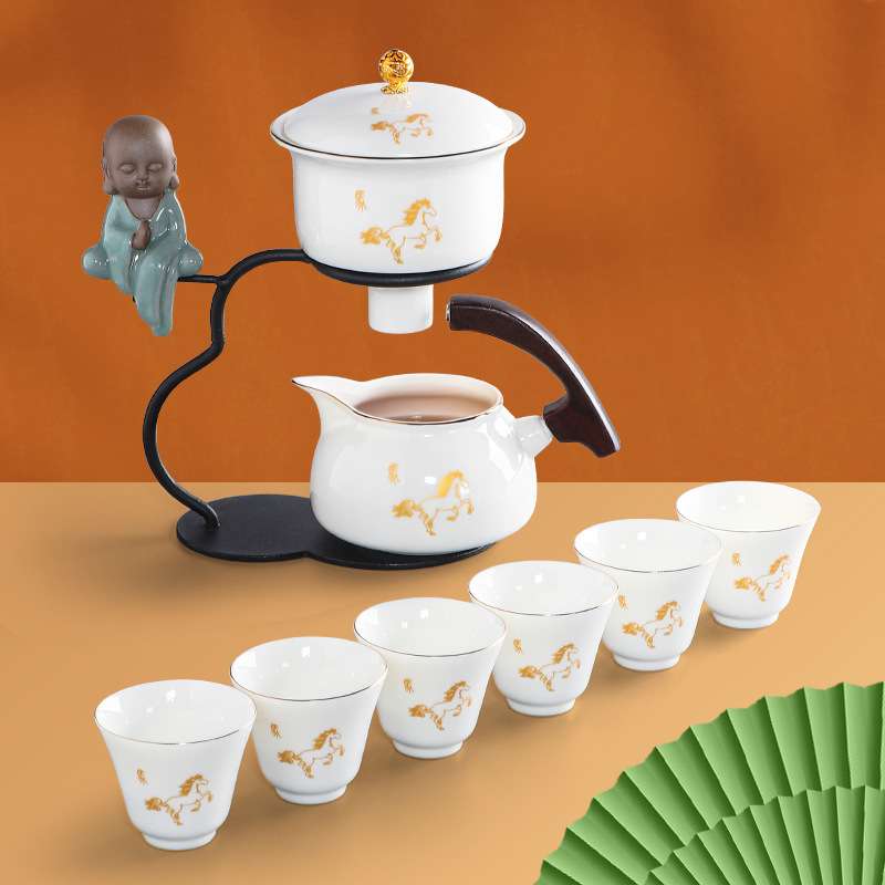 十二生肖全半自动茶具套装羊脂玉描金白瓷磁吸防烫家用创意泡茶器