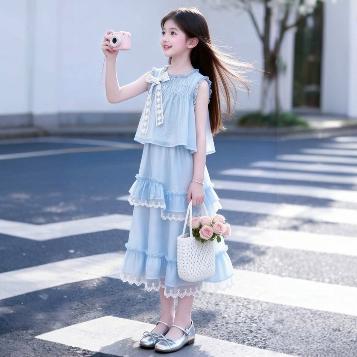 女童夏季蝴蝶结甜美公主裙两件套