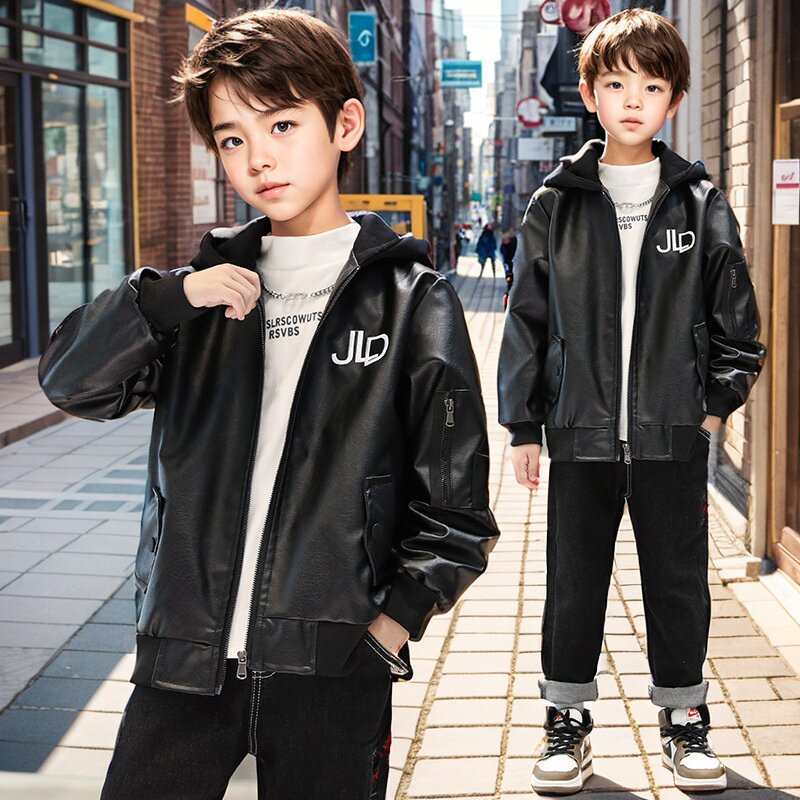 男中大童春秋机车服帅气连帽皮衣