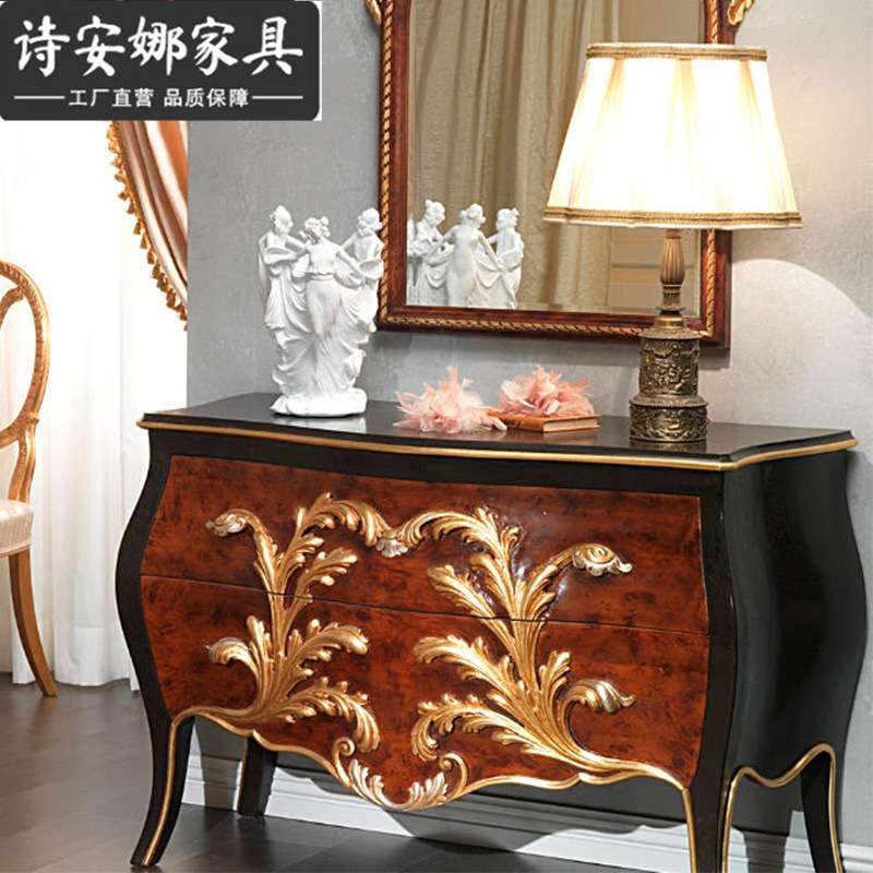 欧式客厅家具实木手工雕花双抽餐边柜 纯手工彩绘玄关柜