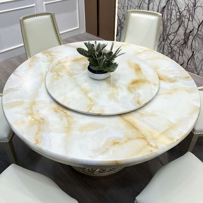 美式简约现代实木圆桌轻奢岩板餐桌椅组合别墅家用带转盘圆形饭桌