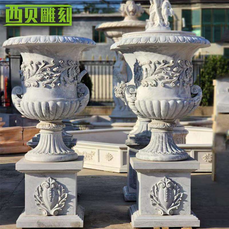 曲阳石雕花盆厂家欧式景观大理石种植花盆公园广场石头花钵摆件