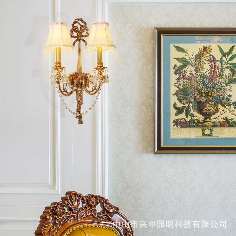 法式全铜复古客厅水晶壁灯餐厅卧室走廊玄关双头创意过道别墅墙灯