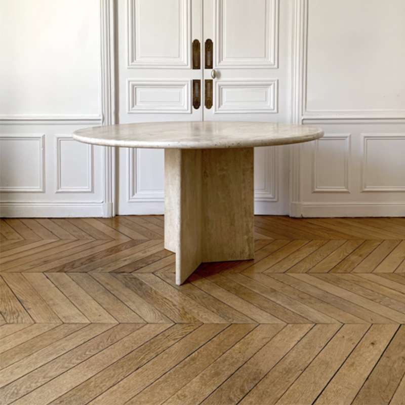 意大利风格天然洞石大理石餐桌 北欧风简约轻奢圆形小户型4人饭桌