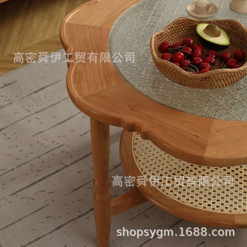 复古樱桃实木茶几简约客厅家具中古风小户型圆几海棠玻璃花边茶几