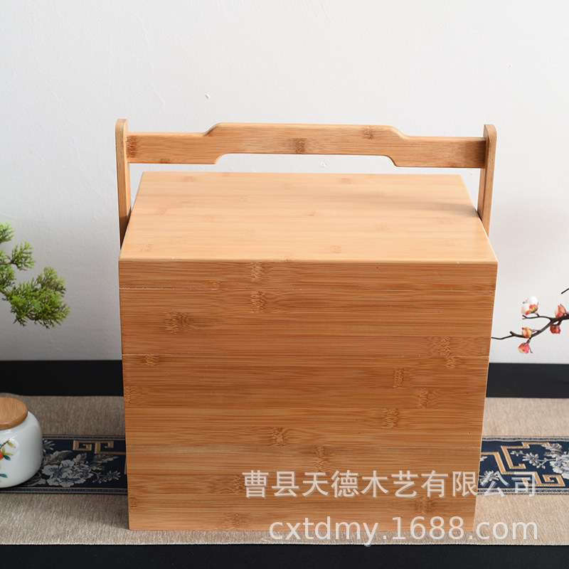 木制手提式餐盒竹木提盒点心收纳木盒创意手提篮收纳箱收纳篮