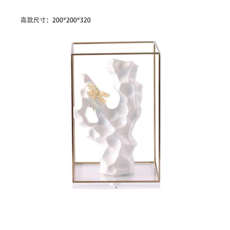 创意新中式现代金属蜻蜓陶瓷太湖石桌面摆件样板房售楼处家居饰品