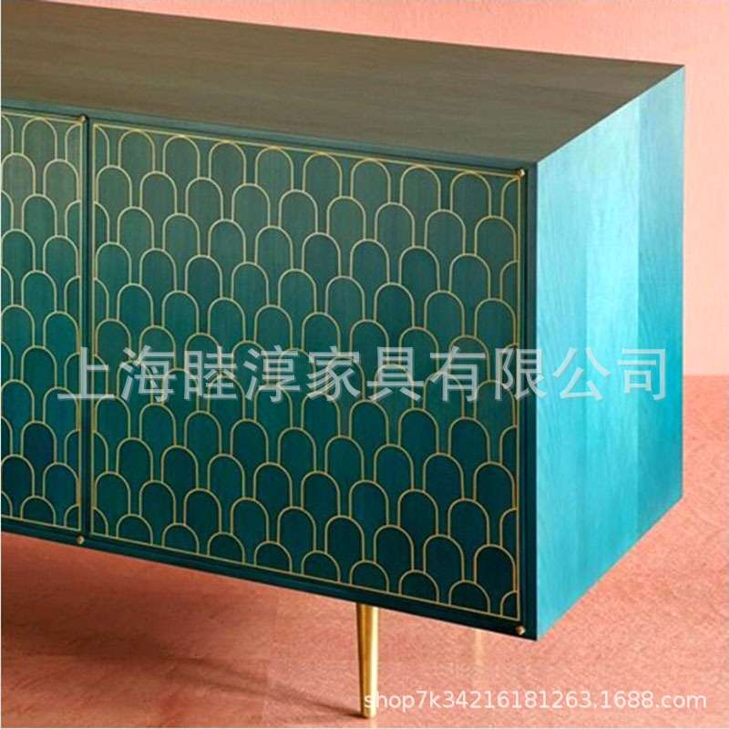 轻奢风简约现代实木高电视柜金属不锈钢孔雀蓝绿储物装饰柜玄关柜