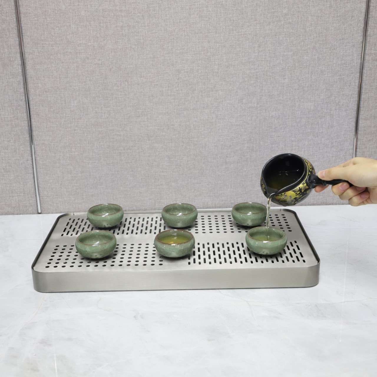 现代简约长方形不锈钢储水式茶盘茶托茶几书房酒店售楼处家居饰品