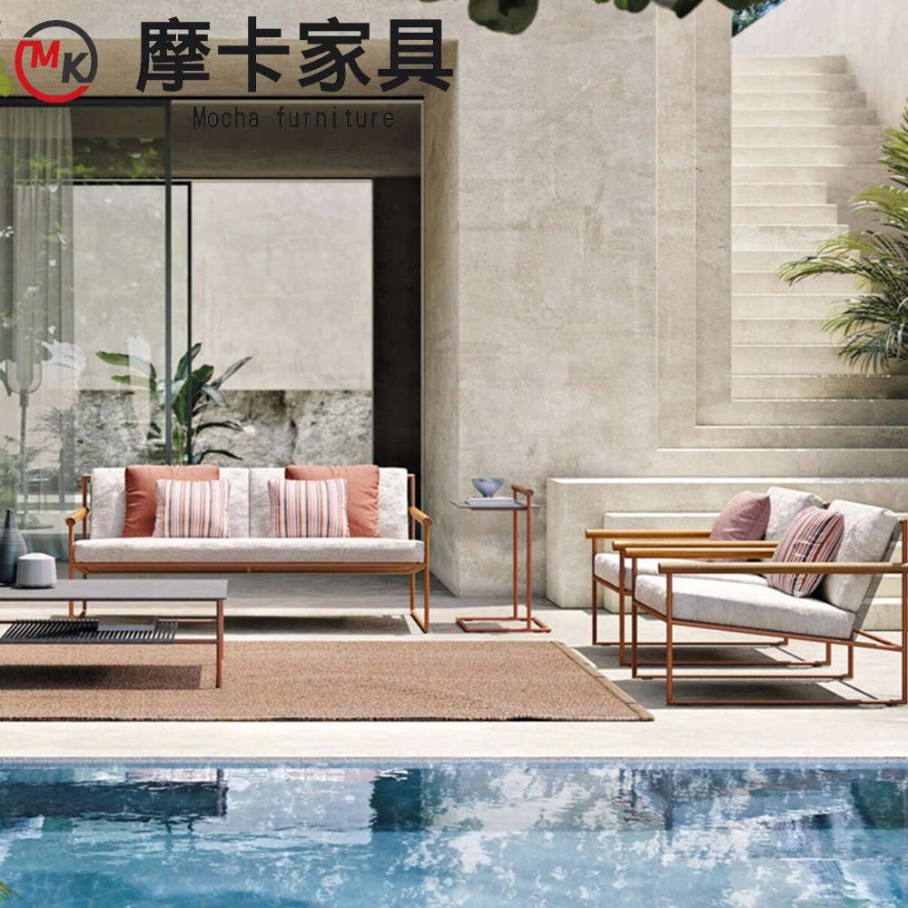 户外阳台餐桌椅三件套组合餐厅藤编沙发休闲露台咖啡店柚木餐桌椅