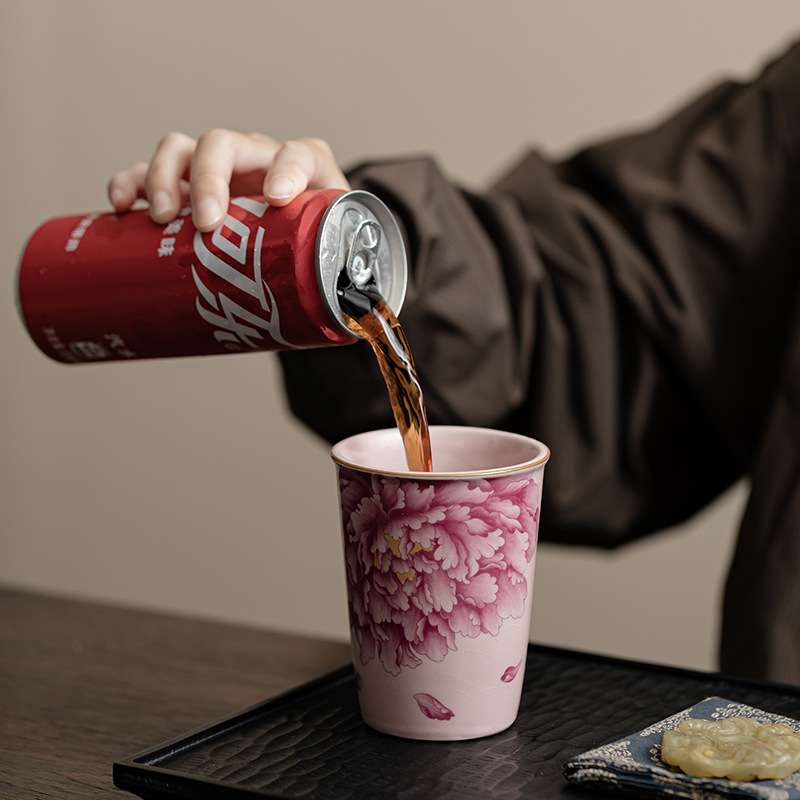 仿古汝窑国色天香可乐杯大容量陶瓷杯主人杯喝茶杯中式复古饮料杯