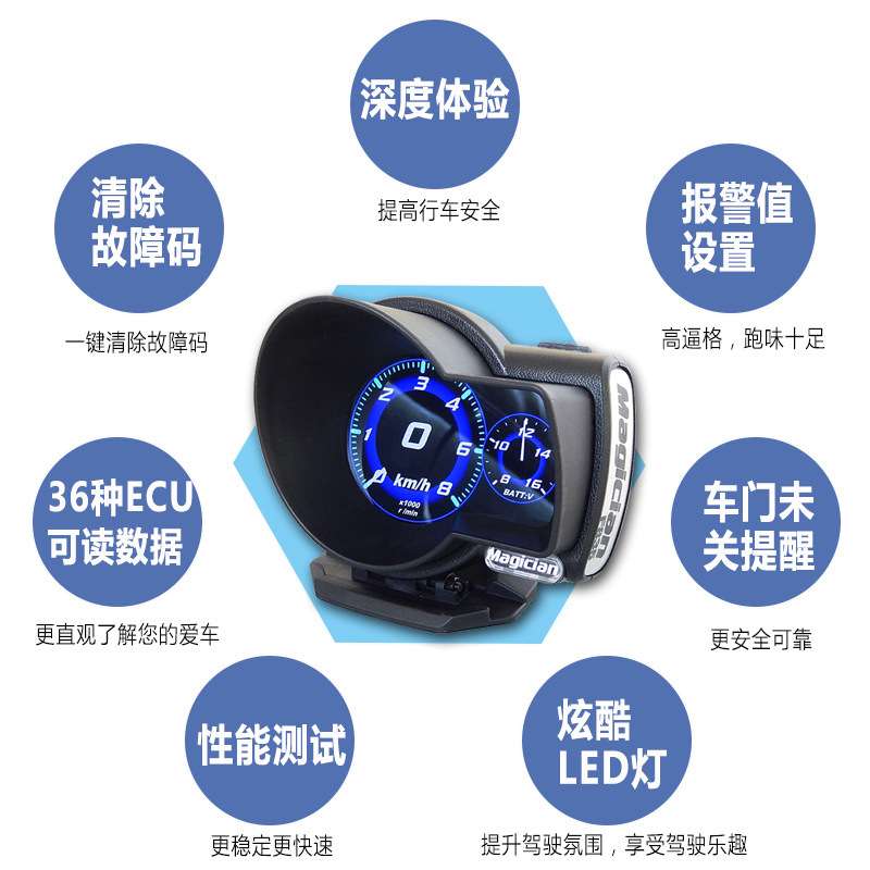 魔术师OBD仪表多功能抬头显示器改装涡轮表转速表油温表水温表