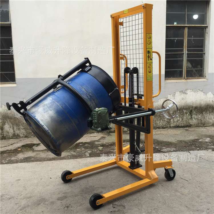 江苏手动液压升高车 鹰嘴式油桶搬运车 脚踩升降铁桶倒料器