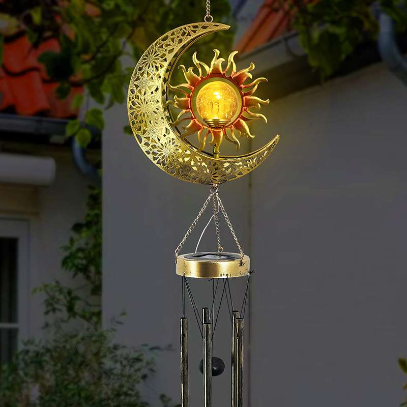 亚马逊太阳能月亮太阳脸风铃灯日月组合厂家现货铁艺灯户外悬挂灯