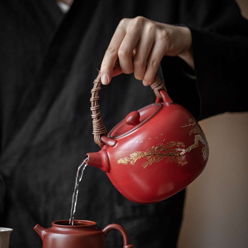 弥言山楂红烫金煮茶壶套装日式碳炉家用大号煮茶煮水套装藤编茶壶