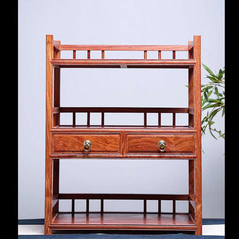 缅甸花梨全独板茶水架三层围栏实木置物架茶具工艺品摆件收纳柜