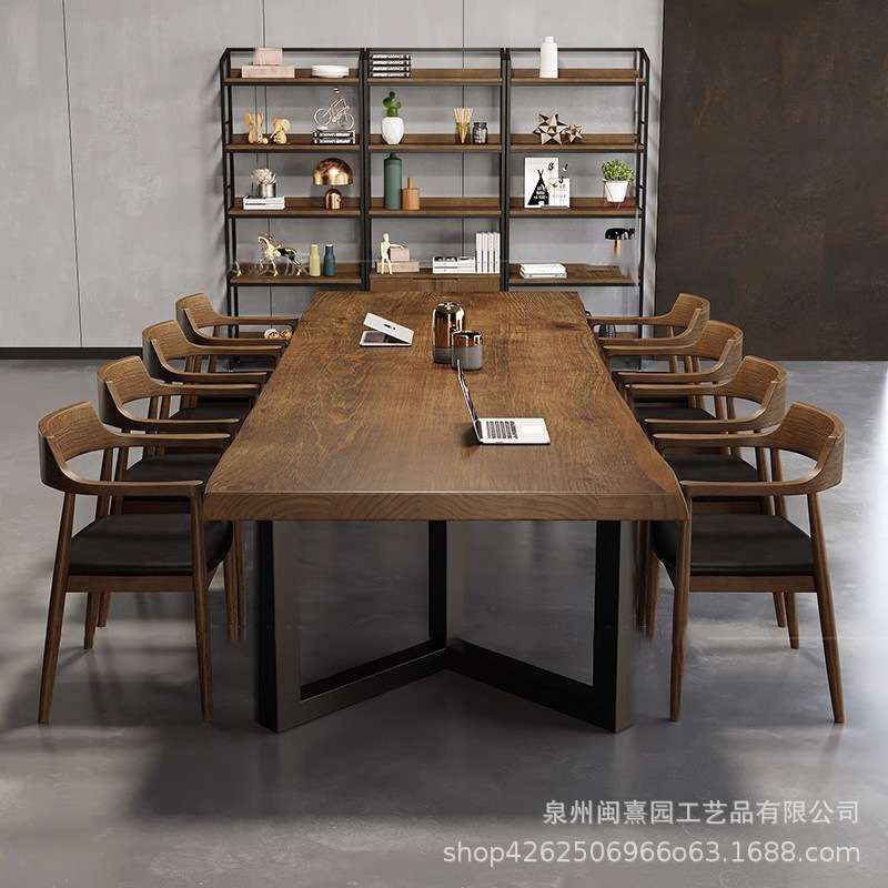 北欧实木复古板式铁艺会议桌原木大板接待长桌子工作办公桌椅组合