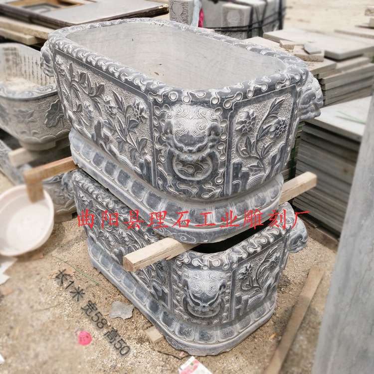 厂家直供石雕鱼缸大理石石雕花盆青石仿古鱼缸石槽庭院摆件 长1米