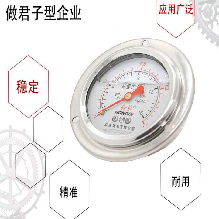 红旗牌仪表YTN-60ZT轴向带前边压力表抗震耐震压力表卧式面板安装