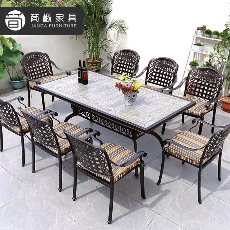 户外别墅阳台铸铝长桌休闲庭院花园瓷砖拼花桌防水防晒全铝圆桌椅