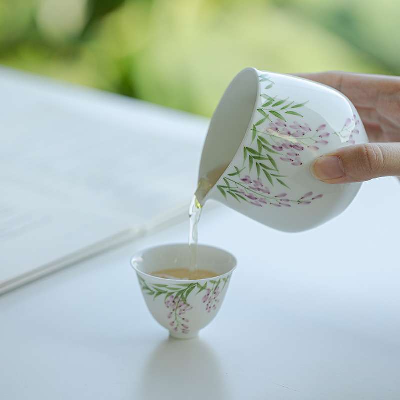 弥言白瓷手绘紫藤花公道杯纯手工薄胎陶瓷分茶器日式均杯匀杯茶海