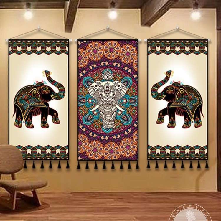 东南亚风印度泰式禅意大象软装布艺挂画餐厅招财壁画卧室装饰挂毯