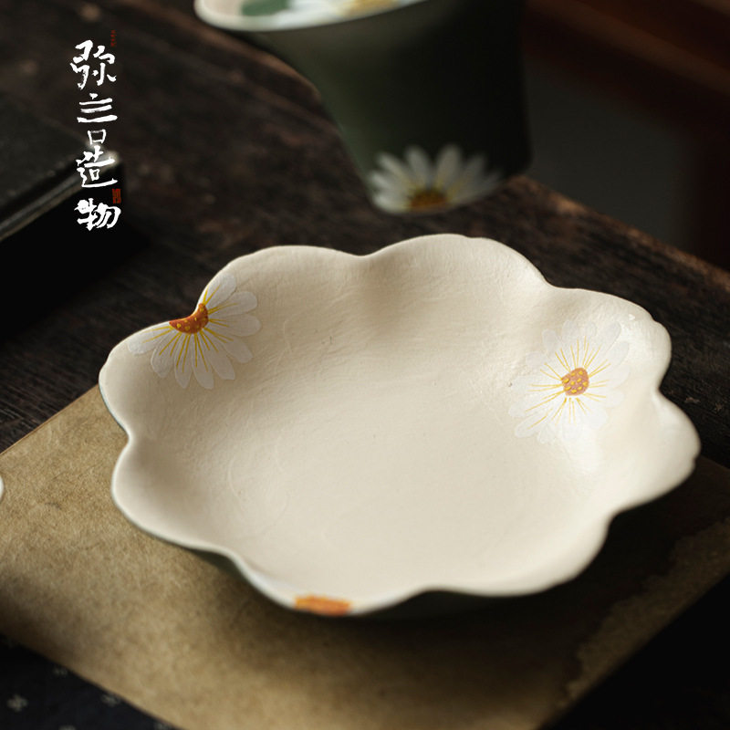 弥言墨绿粉引壶承纯手工陶瓷花瓣茶盘家用小型茶台手绘雏菊干泡盘