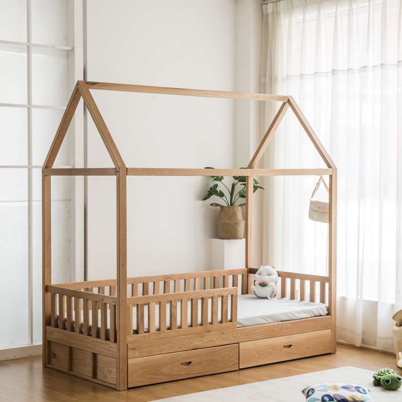 树屋儿童床1米白橡木全实木孩子床带护栏宝宝床森林小屋床带抽屉2