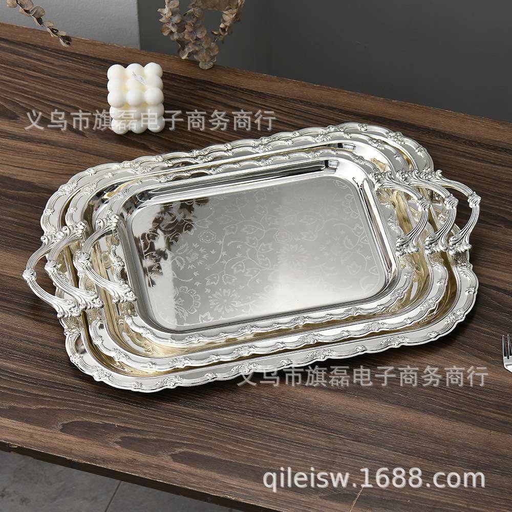 欧式花纹长方形甜品蛋糕水果盘不锈钢餐厅端菜盘自助餐酒店收纳盘