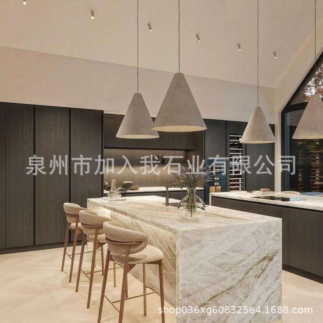 镜湖春晓奢石岛台餐边柜天然厨房大理石台面灶台石材室内装修