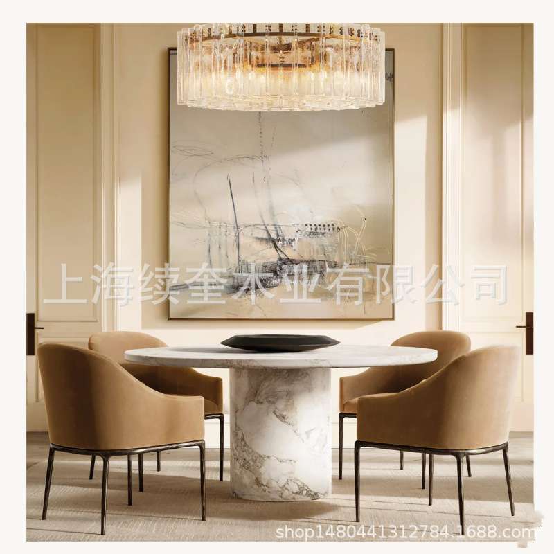 RH美式简约大理石圆形餐桌椅组合家用餐厅家具别墅亚马逊出口工厂