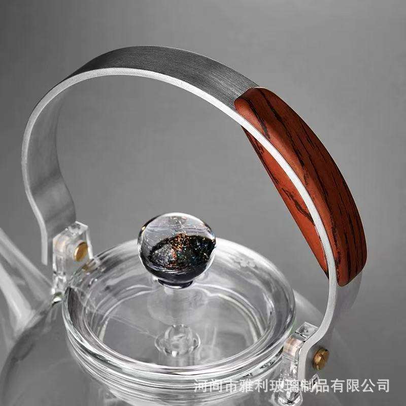 厂家高硼硅玻璃泡茶壶耐热透明黑色蒸煮一体内胆提梁壶明火烧水壶