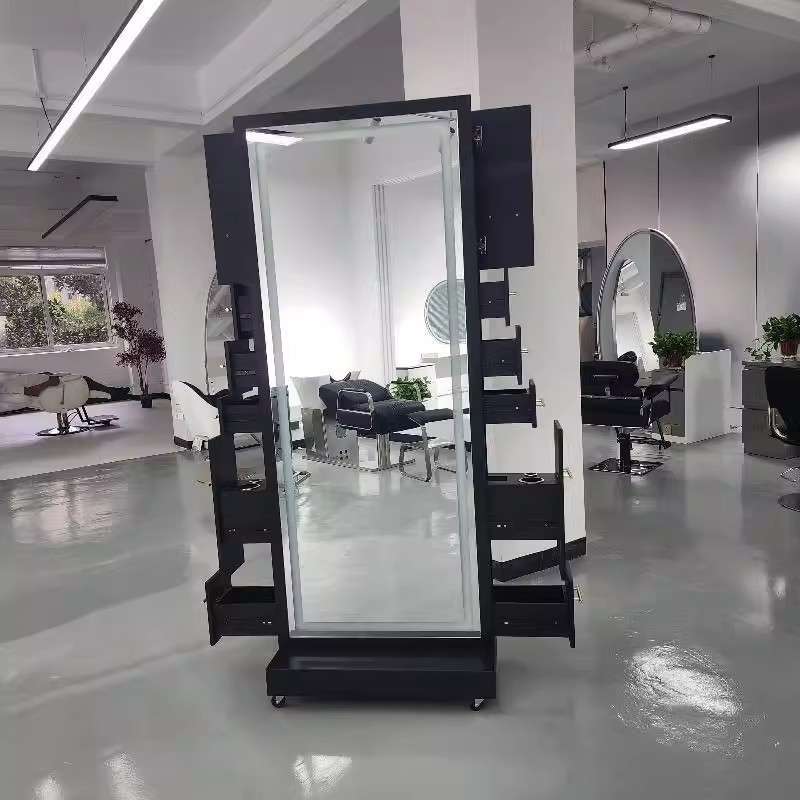 2025新款网红理发店镜子带灯带抽屉落地美发镜发廊专用可移动镜子