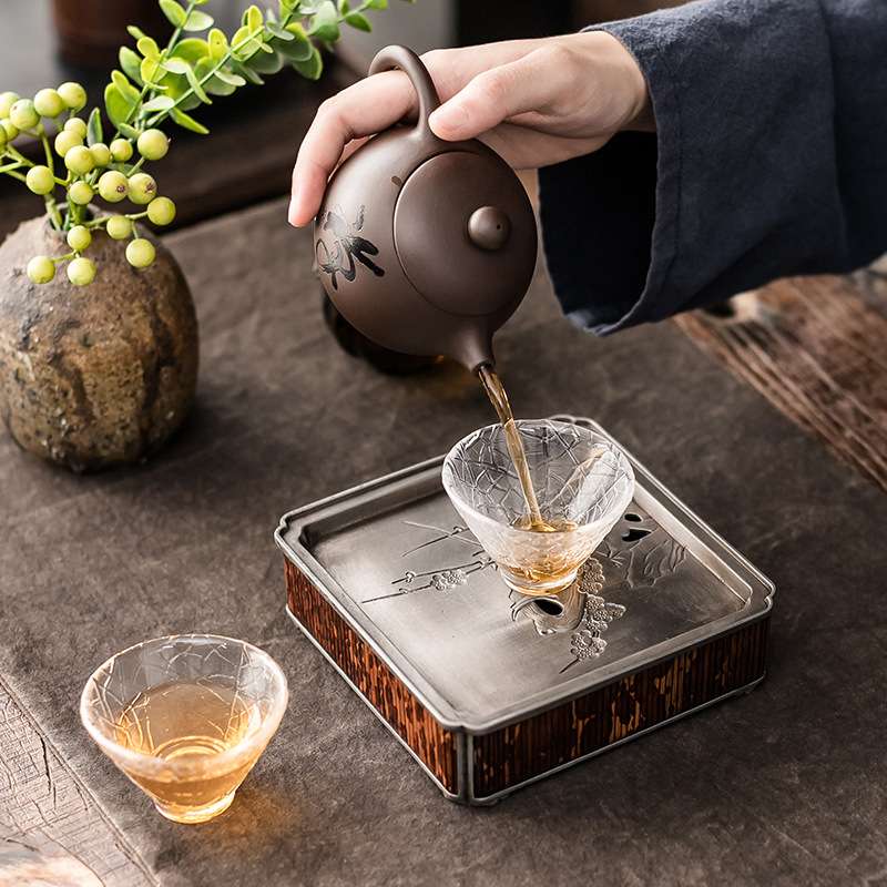 老锡壶承八方蓄水茶盘盖碗干泡台古篱湘妃竹古锡壶承干泡茶品