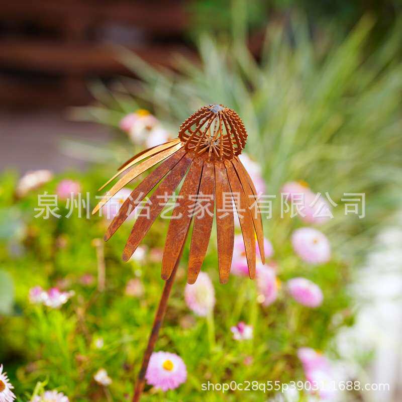 跨境户外铁艺生锈花朵紫锥菊地插, 金属铁艺花瓣地插庭院工艺品