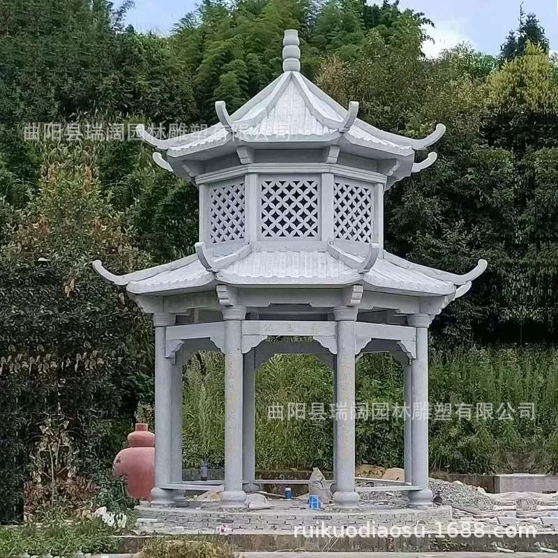 厂家供应各种花岗岩材质亭子 晚霞红大理石花架走廊凉亭六角亭八
