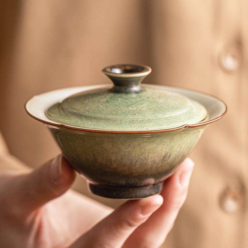 窑变陶瓷盖碗碧绿星空矮花瓣泡茶碗带盖茶杯高档中式复古茶具单个