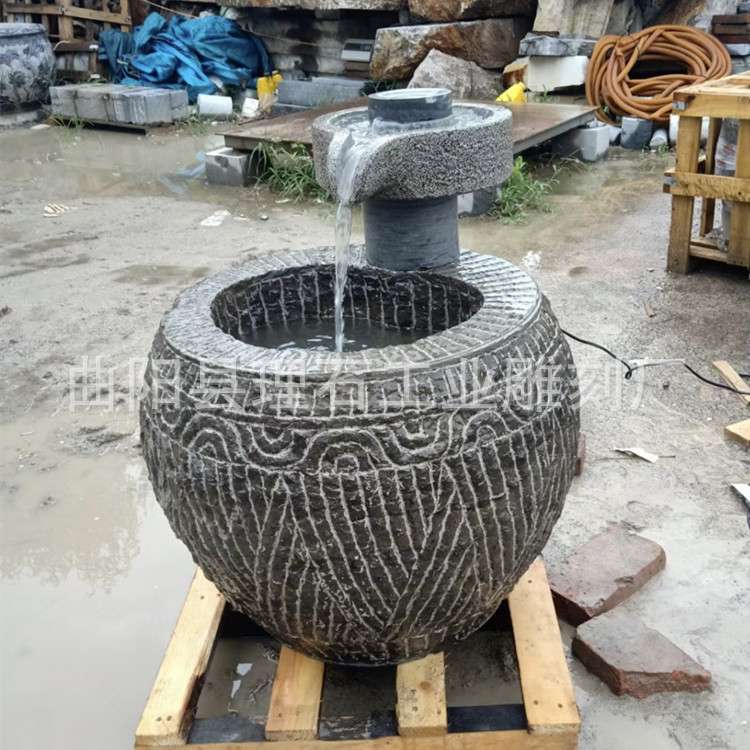 石雕鱼缸青石养鱼石缸庭院阳台造景创意石磨循环流水摆件