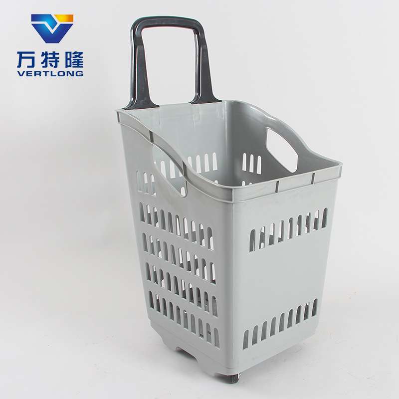 超大号卖场拖车四轮拉杆式80L塑料篮 带轮大容量便利店超市购物篮