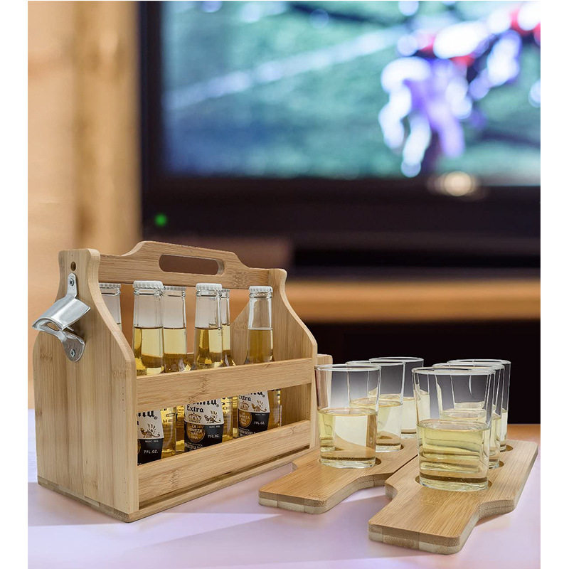 厂家直销竹子工艺品酒提带有杯托开瓶器设计提手方便携带