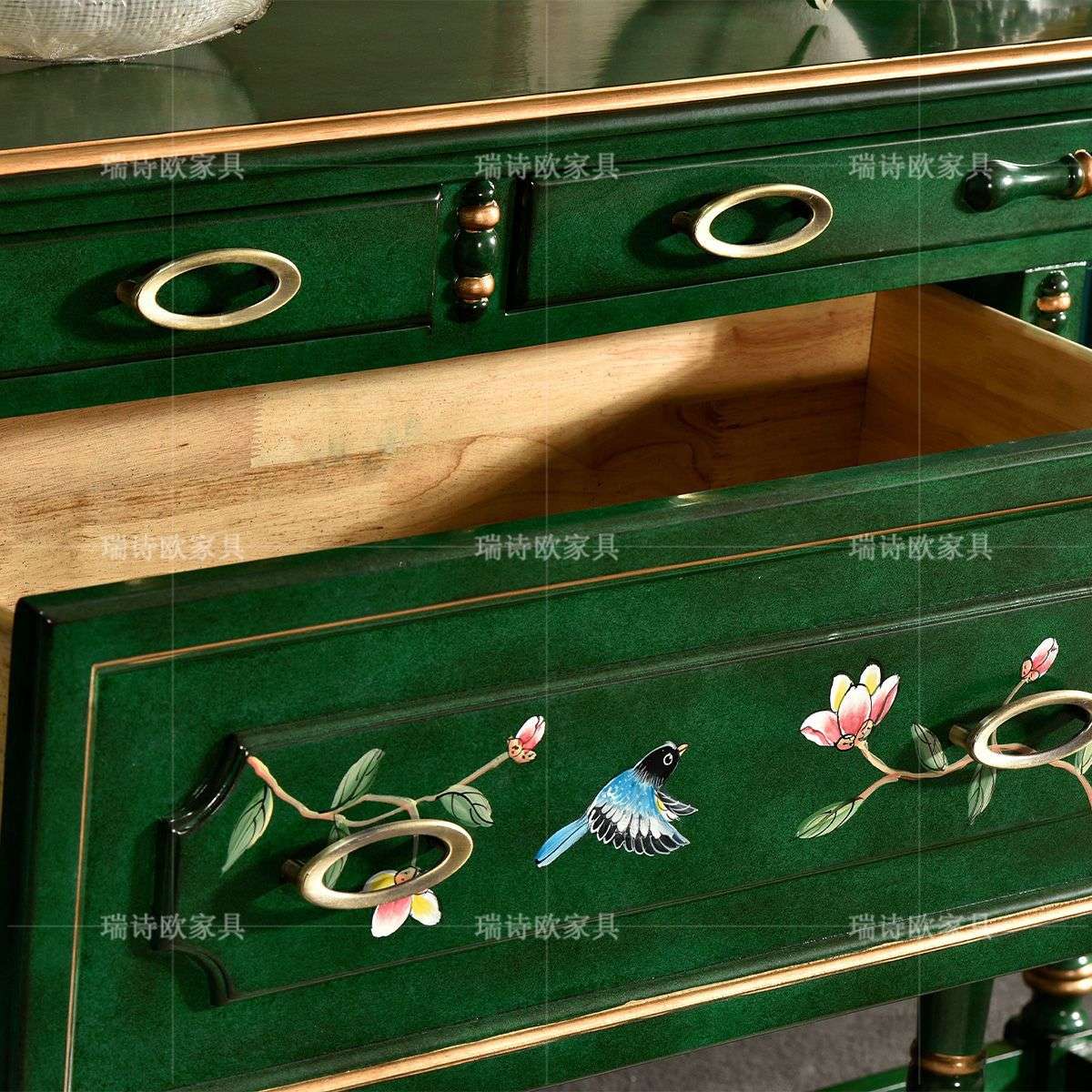 瑞诗欧美式餐边柜欧式实木玄关柜餐边柜复古收纳柜绿色餐柜乡村风