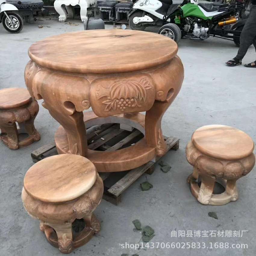 晚霞红石鼓桌子大理石石桌石凳一套镂空圆鼓石桌子庭院摆件厂家