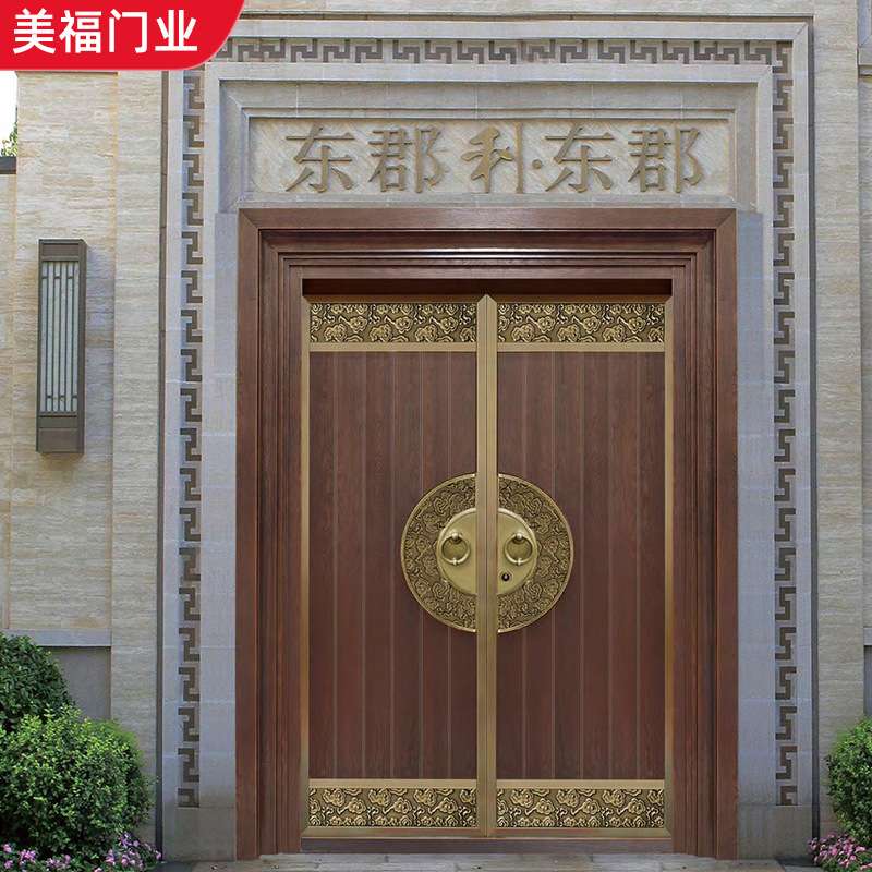 厂家别墅大门304不锈钢仿铜大门 烤漆双开双层复合镀铜罗马柱大门