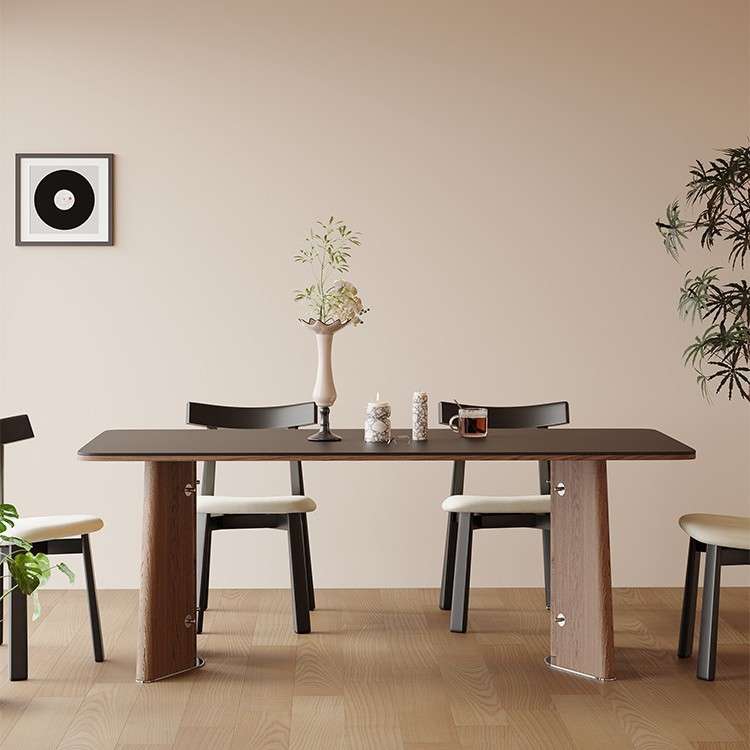 实木岩板纯白洞石餐桌胡桃白蜡木客厅家用小户型现代简约饭桌椅