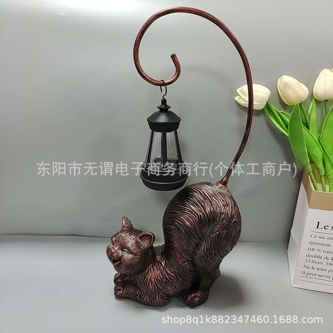 亚马逊新款复古黑猫太阳能庭院灯创意爆款猴子铁艺环挂灯花园摆件