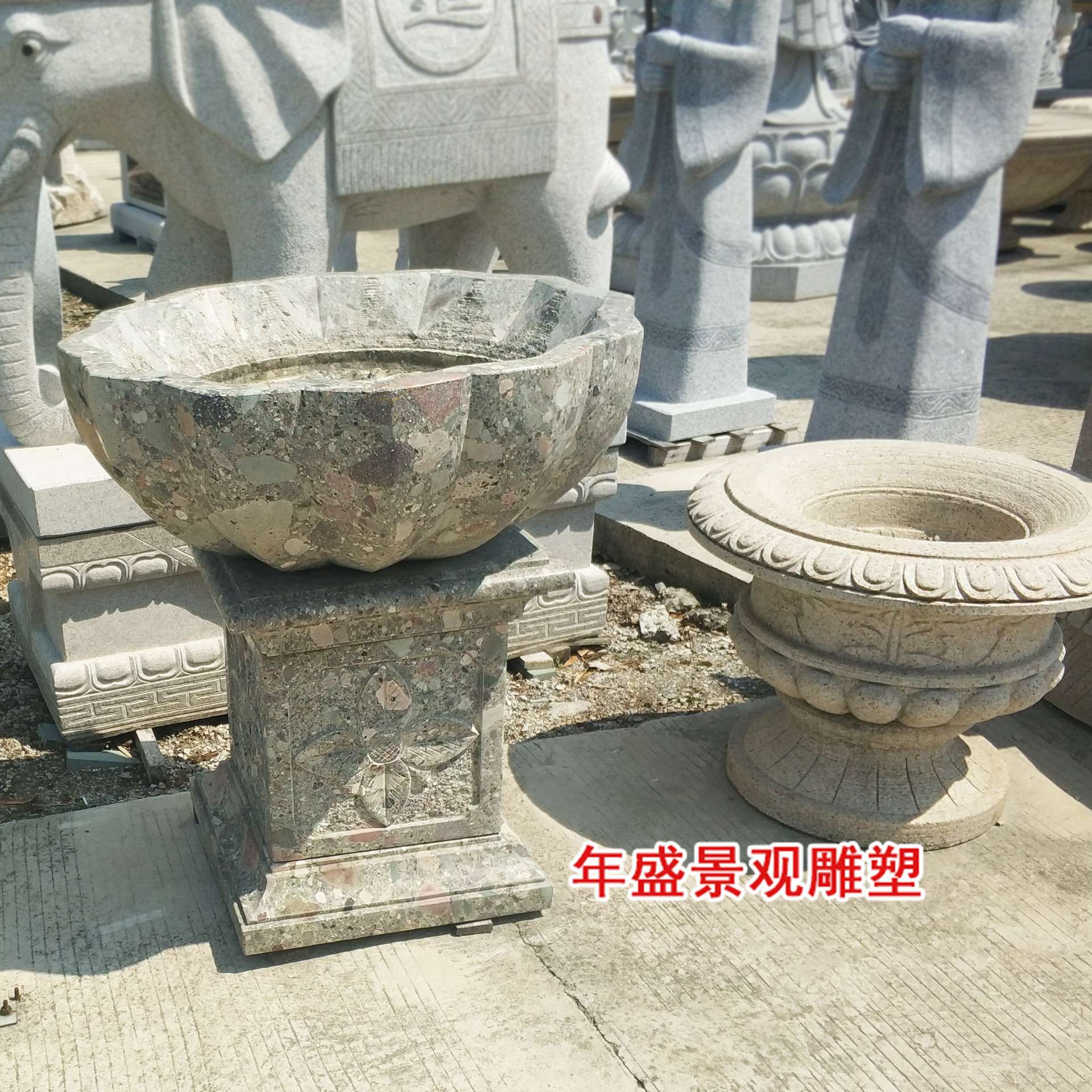 欧式户外花盆　带底座高脚花盆石雕　城市绿化黄锈石花钵