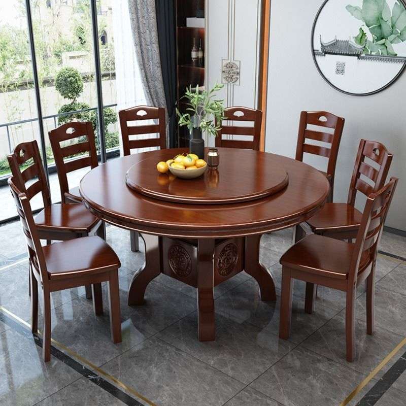 中式实木家用圆桌酒店餐馆带转盘餐桌椅组合现代简约雕花仿古圆桌